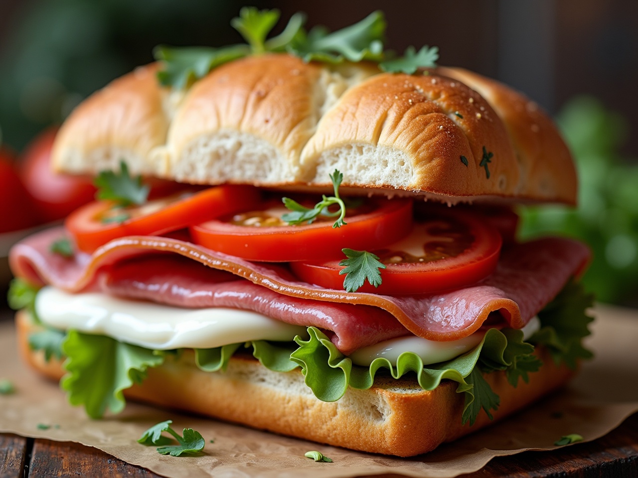 The image features a delicious sandwich made with ciabatta bread, filled with layers of cooked pastrami, slices of fresh mozzarella cheese, ripe tomato, and a generous spread of mayonnaise. The sandwich is also dressed with crisp lettuce leaves and garnished with fresh herbs, adding vibrancy to the presentation. The close-up captures the rich textures of the ingredients. The rustic background and natural lighting emphasize the freshness of the meal. This mouthwatering composition highlights a perfect lunch idea or a delightful deli choice.