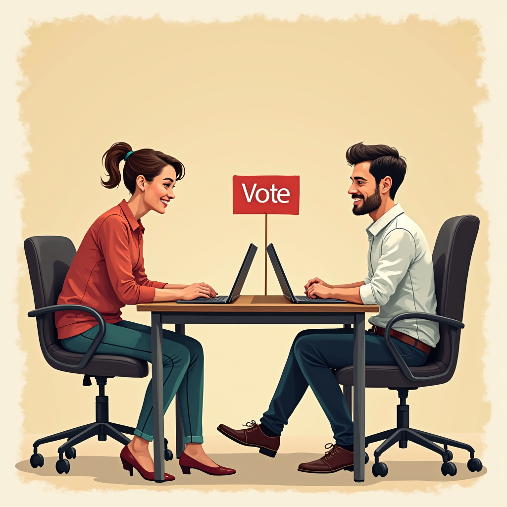 The image depicts a cartoon-style illustration of two people, a woman and a man, seated across from each other at a table working on laptops. They are focused and engaged in what appears to be a digital interaction or competition. Between them, a sign with the word 'Vote' is displayed, indicating they might be participating in an online voting process or debate. The scene exudes a sense of teamwork and equality, with both individuals dressed in casual office attire. The background is plain, drawing attention to the central theme of voting and digital engagement.