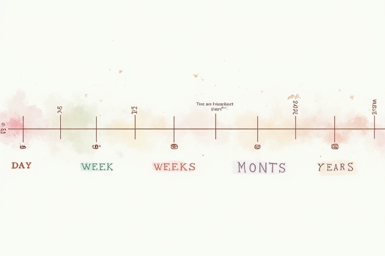 A visual timeline representing days weeks months and years. Labels are clearly marked along a line. Pastel colors are used for a soft background. The timeline is simple and minimalistic.