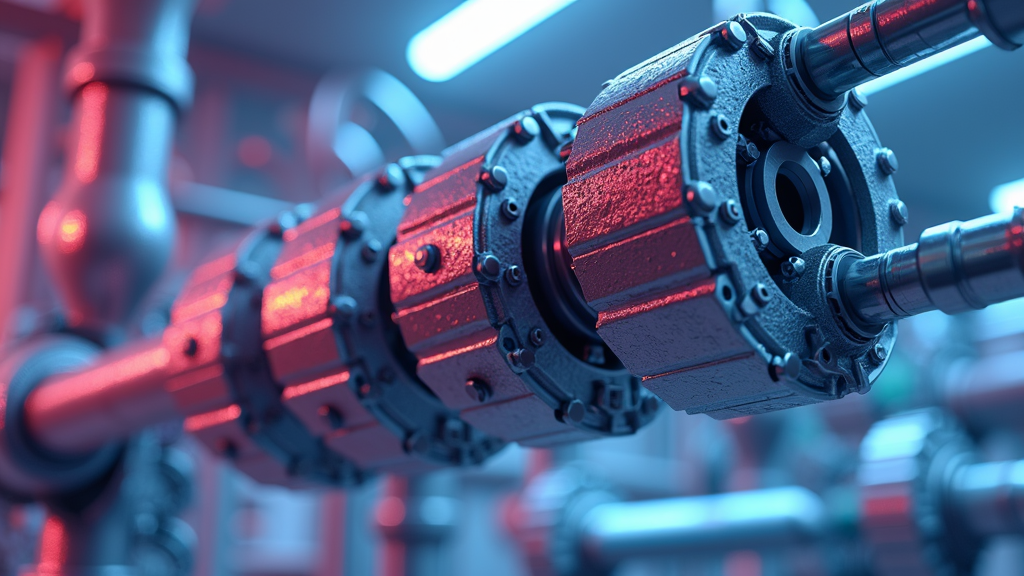 A close-up of a complex industrial machine component lit with blue and red lighting, highlighting its metallic texture and intricate design.