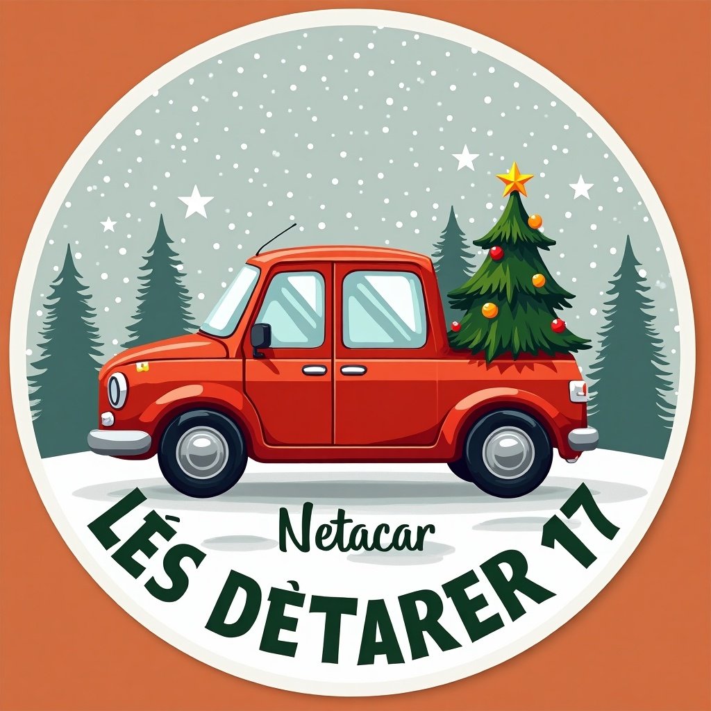 A sticker for gift boxes reflecting Christmas festive spirit. It showcases a red car with a Christmas tree. The image includes company branding for Netstar Rentacar. The text is in Portuguese. Background is snowy to emphasize winter.