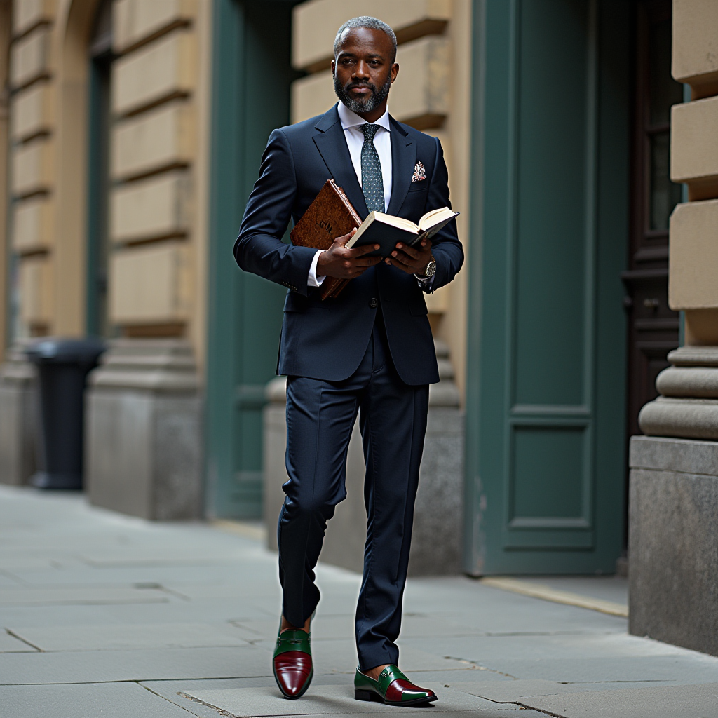 A man in a suit walks confidently with a book in an urban setting.