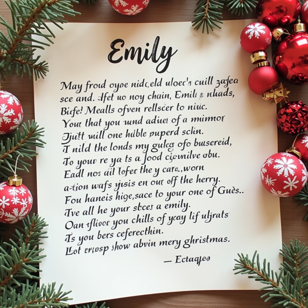 The image features a beautifully handwritten note addressed to Emily, conveying heartfelt Christmas blessings. The note is surrounded by festive decorations, including red Christmas baubles and evergreen branches. The writing is elegant, capturing the essence of a personal holiday message. Soft, warm lighting enhances the cozy atmosphere of the scene. This image represents a thoughtful gesture of goodwill during the holiday season.