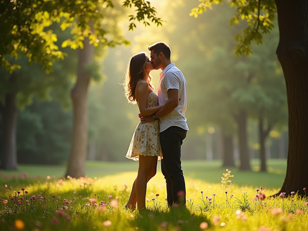 A couple is sharing a romantic kiss in a lush green park. The scene is illuminated by soft daylight filtering through the trees, creating a warm and inviting atmosphere. Flowers bloom around them, adding color to the tranquil setting. This intimate moment captures the essence of young love and romance. The couple appears happy and connected, showcasing their affection for each other in a natural environment.