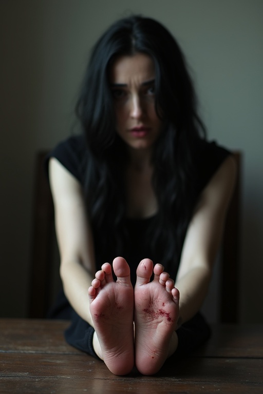 A mature goth woman has long black hair. She shows her wounded soles of bare feet. She is sitting on a chair with her feet on the table. This scene evokes a sense of fear and vulnerability.