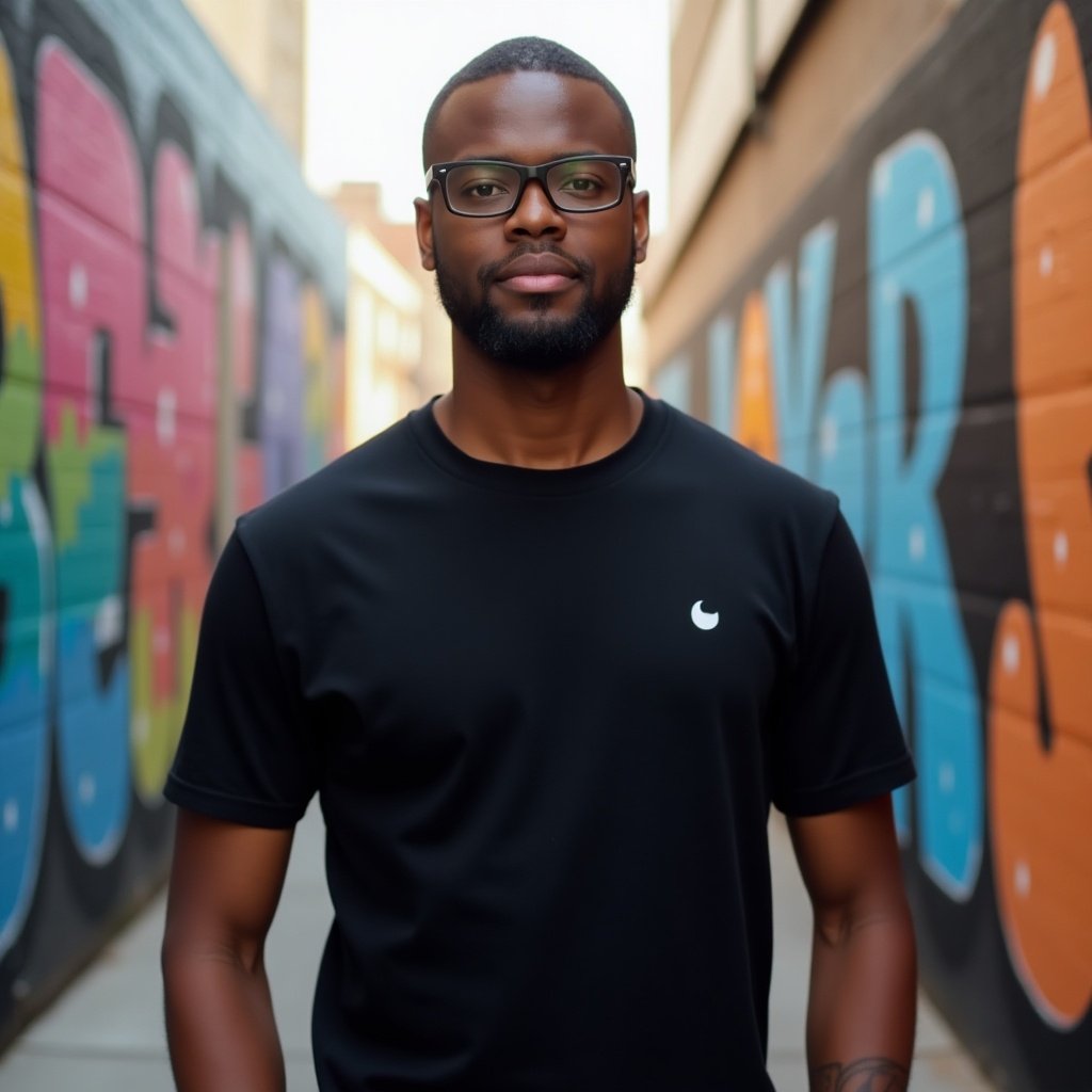 A young man stands in front of a colorful mural. He wears a black t-shirt. The background features vibrant street art. Natural light illuminates the scene.