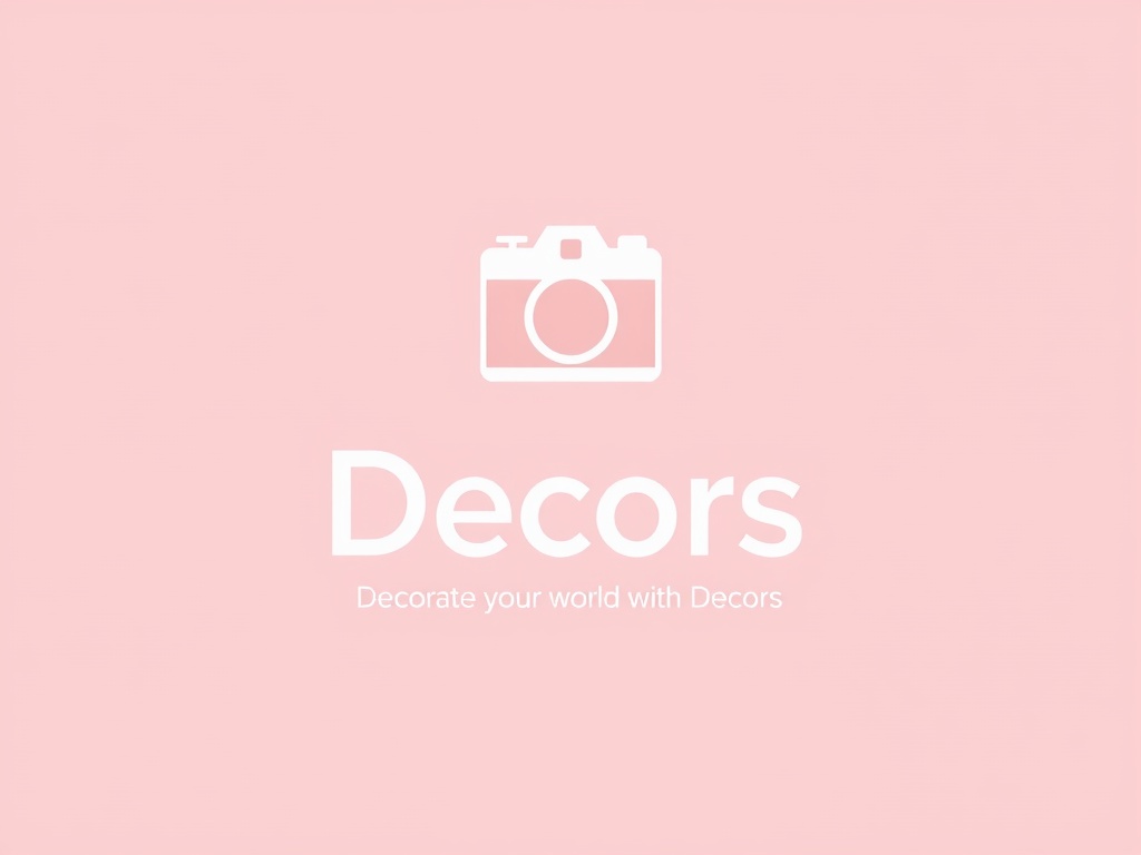 The image is a minimalist design featuring a pastel pink background with a simple white silhouette of a camera icon at the top. Below the camera icon, the word 'Decors' is prominently displayed in bold white letters, followed by the tagline 'Decorate your world with Decors' in smaller font. The design exudes a sense of calm and elegance, ideal for branding related to home decoration or lifestyle products.