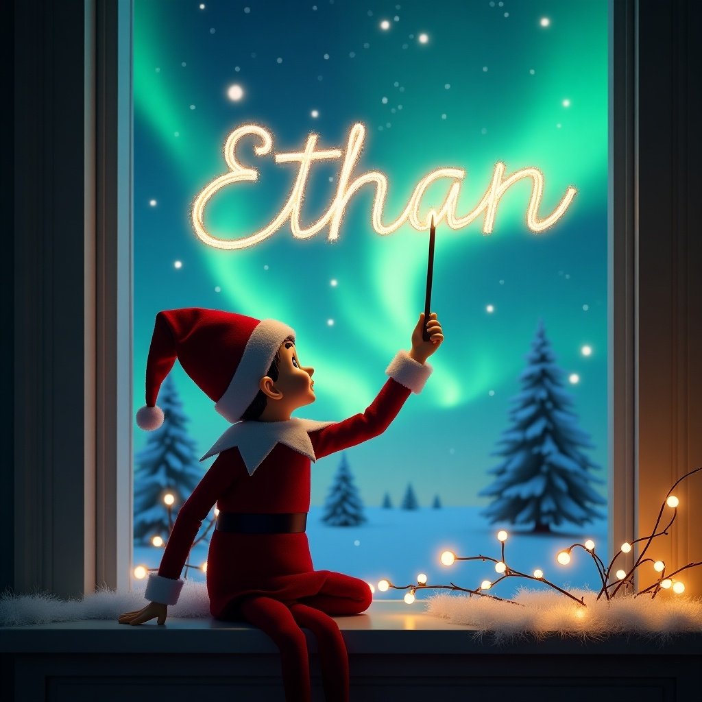 The image showcases a whimsical scene featuring an elf sitting on a windowsill with its back turned. The elf, dressed in traditional Christmas attire, is using a magic wand to elegantly write the name 'Ethan' in the starry night sky. Outside, the backdrop is filled with magical northern lights, creating a festive atmosphere. Snow-covered trees are visible, enhancing the wintery charm. The scene encapsulates the spirit of Christmas magic and childlike wonder, making it perfect for holiday-themed illustrations.