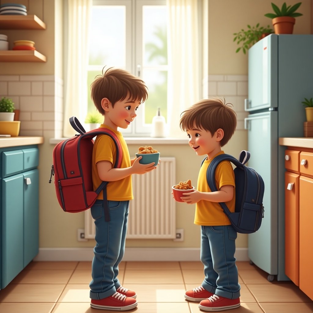 Two boys engaged in a morning routine in a kitchen. One boy is 8 years old and the other is 4 years old. They are holding bowls of food. Bright colors and natural light enhance a cheerful atmosphere.