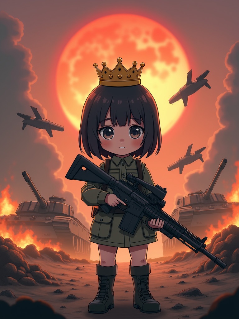 A battlefield scene depicting tanks and missiles with aircraft in the background. The setting includes fire and smoke under a rising sun. A young girl stands in the center. She wears a military uniform and holds a large gun. A crown sits atop her short black hair. The text '1BK alliance' is displayed prominently in front of her.