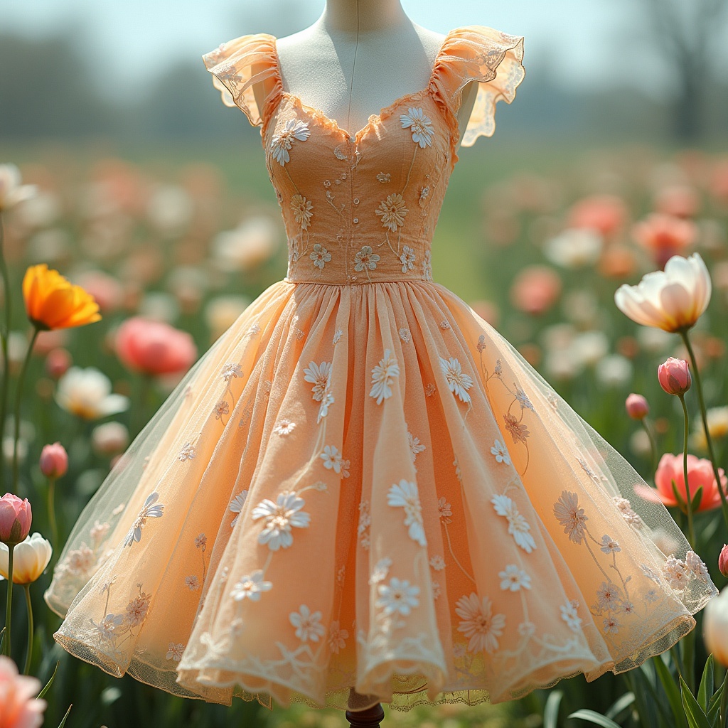 Dress designed for spring. Features floral patterns. Elegant and delicate styling. Suitable for special occasions. Displayed in a field of blooming flowers.