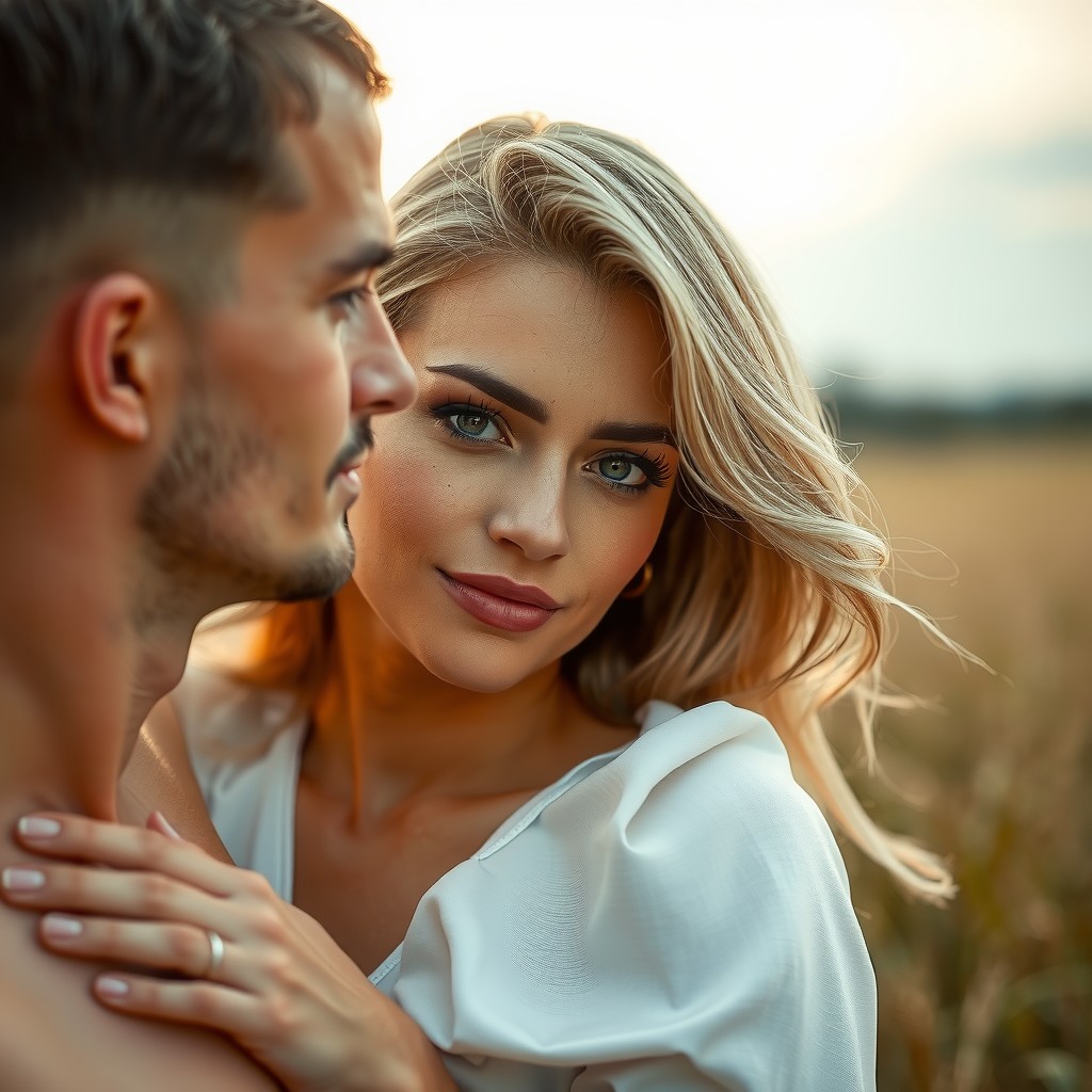 A couple shares a serene moment in a sunlit field.