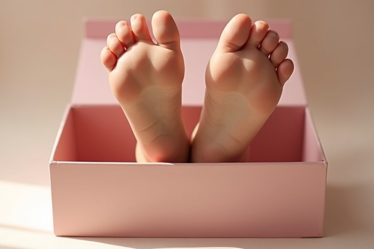 Baby feet sticking out of a pastel pink box. Delicate soft skin. Warm lighting illuminating the scene. Cute and playful.