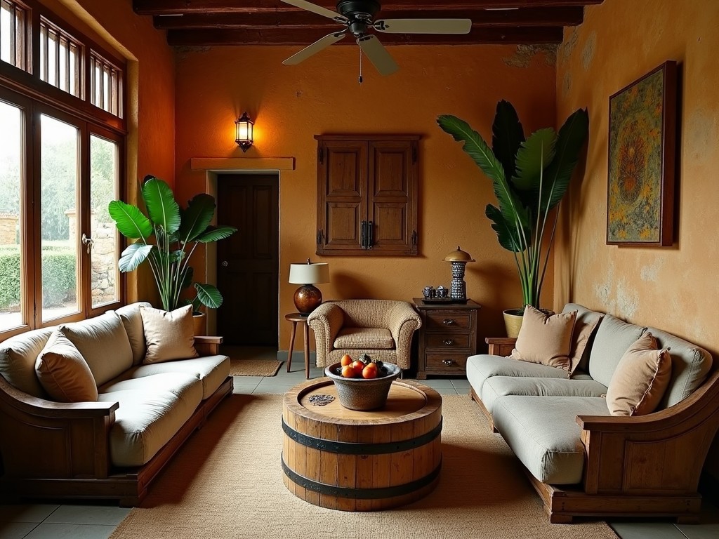 The image depicts a cozy living room decorated in a Havana theme. It features two comfortable sofas and a round table made from whiskey barrels. Lush palm plants enhance the tropical aesthetic. The warm ochre walls create an inviting atmosphere. Soft lighting from windows and fixtures adds to the room's charm. Vintage decor pieces are present, giving it a rustic yet elegant feel. Overall, the ambiance is relaxed and welcoming, perfect for gathering.