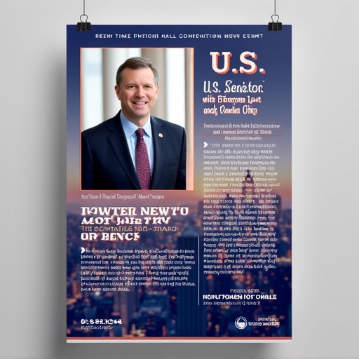 Create a visually striking poster for a U.S. Senate event. It highlights a town hall meeting in New York City. The design attracts a diverse audience. Event details include Senator's name, location, date, and time. Imagery reflects New York City and its diversity. Typography is clear and legible. Color scheme is professional and inviting. Layout is organized for readability. Text includes an engaging headline, a description of the event, and a call to action. Contact information is included.