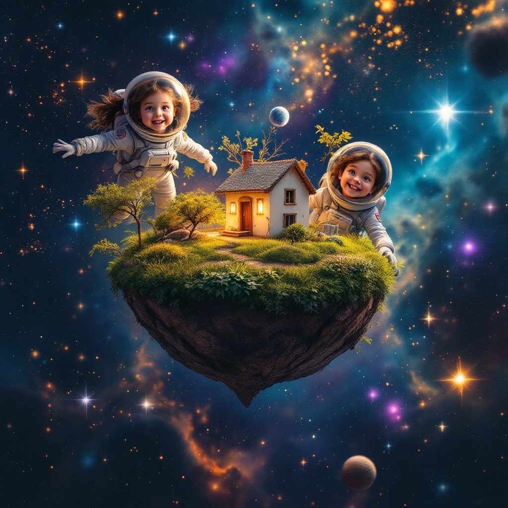 Two children in astronaut suits float in space. They have expressions of delight and curiosity. A tiny planet with a house is in the center. Space is filled with stars and colorful nebulas. The scene evokes wonder.