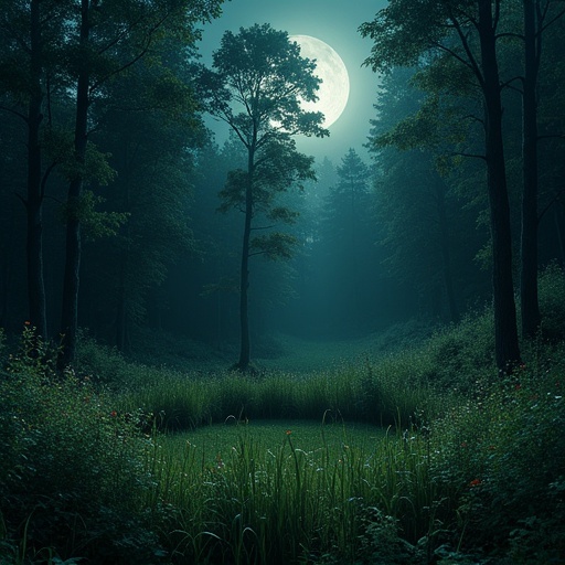 Small circular clearing with long grass and wildflowers in a dark forest. Moonlight bathes the scene softly. Eerie beauty and fear envelop the area.