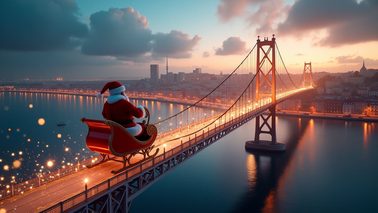 Aerial shot of Santa Claus flying on his sleigh over Tagus Bridge in Lisbon. Magical sparkles transform into BIM models. Scene captures holiday spirit. Ultrarealistic style.