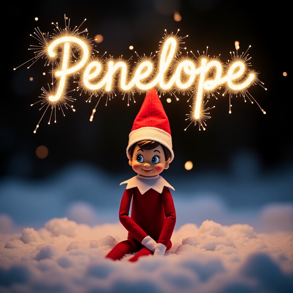 Magical night scene features Elf on the Shelf named Penelope sitting in snow. Sparklers spell out her name above her. Dark background enhances the glow. Elf has a cheerful expression. Playful atmosphere for the holiday spirit.