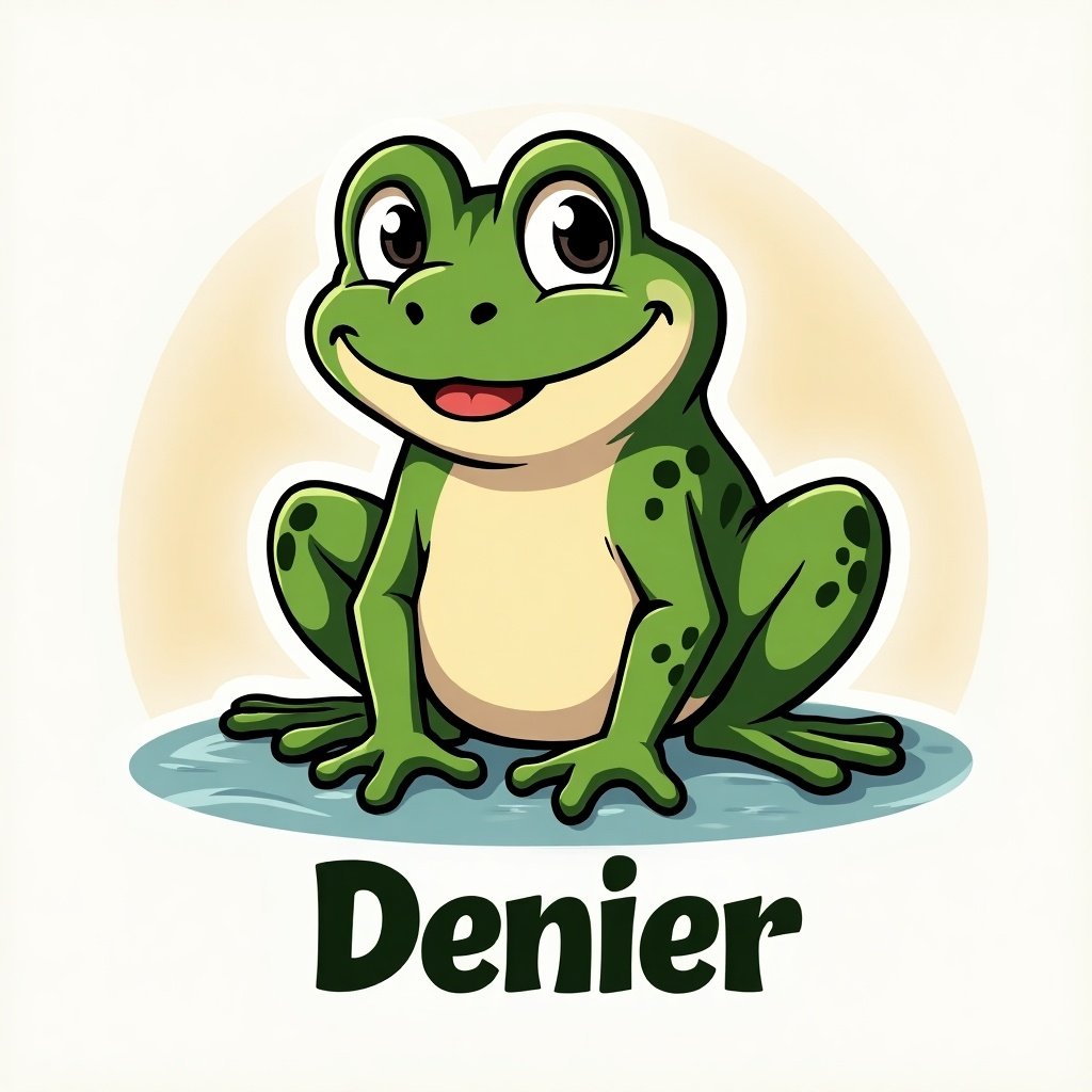 Logo for a meme coin featuring a friendly cartoon frog with spots. The frog has a smile. Text 'Denier' below in bold style.