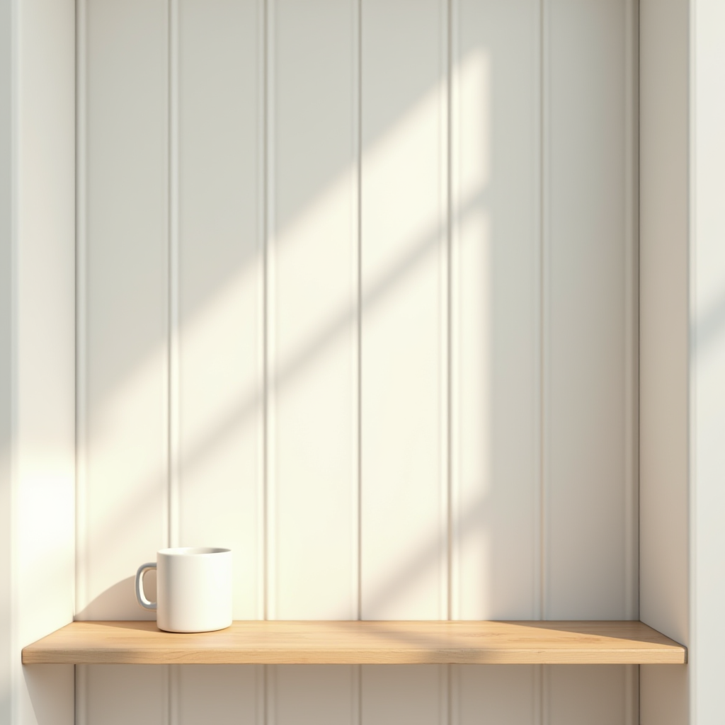 A white mug sits alone on a wooden shelf, casting a soft shadow against a light-colored paneled wall.