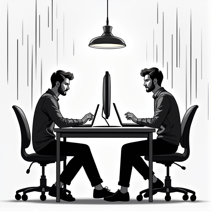 Two identical figures sit across each other at a desk, focused on laptops, under a hanging lamp with vertical lines suggesting a minimalist digital world.