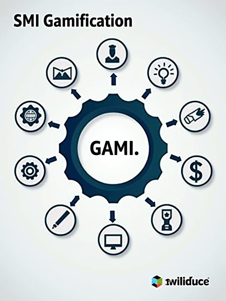 Schematic diagram representing concepts of gamification. Central gear shape contains text GAMI. Eight surrounding icons illustrate various gamification elements.