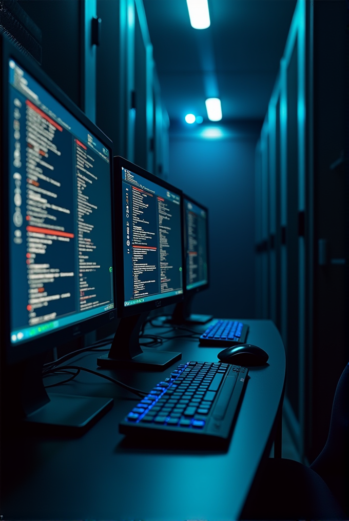 A dimly lit server room with computer monitors displaying code, highlighted by blue and teal hues.