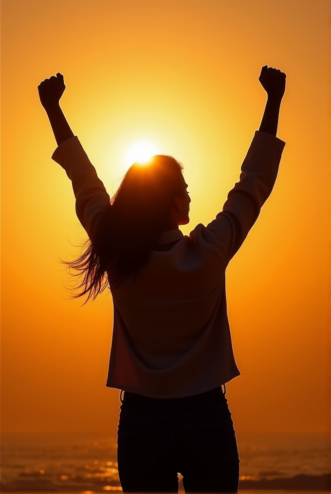 A silhouette of a person with raised arms against a vibrant sunset on the beach.