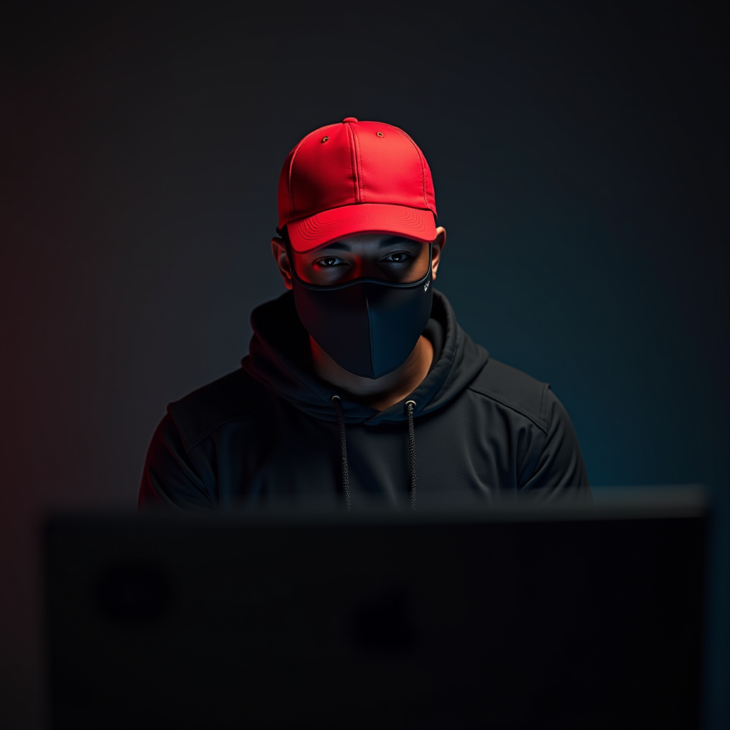 A person wearing a red cap and black mask sits in front of a computer in dim lighting.