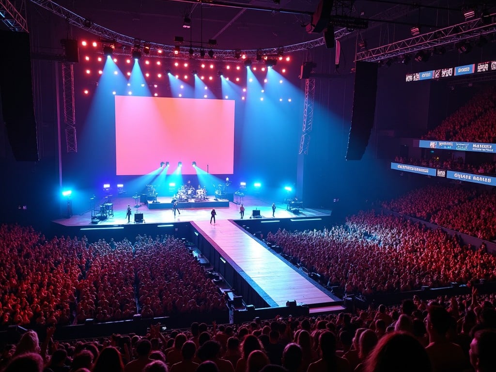 The image captures a stunning view of a concert featuring Roddy Ricch at Madison Square Garden. The stage is the focal point with a prominent T-stage runway extending into the audience. Bright, colorful lights illuminate the stage, creating an energetic atmosphere. The crowd is densely packed in front of the stage, excited to enjoy the performance. This aerial perspective provides a unique look at the venue and the overall excitement of the event.