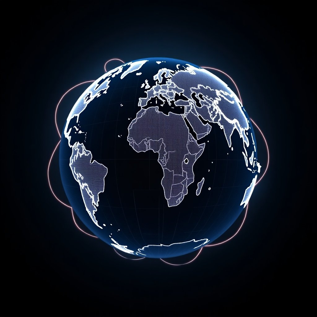 A glowing digital globe represents connectivity with lines encircling dark background. Continents highlighted with futuristic design.