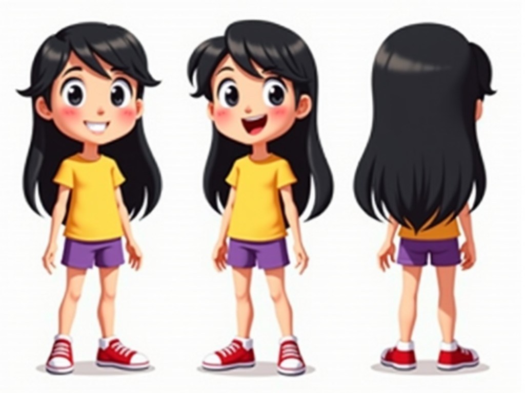 This image features a cartoon character turn-around sheet showcasing a cheerful girl. She has long black hair and exudes a joyful demeanor. Dressed in a vibrant yellow t-shirt and purple shorts, she completes her look with red sneakers. The character is presented from three angles: front, side, and back. This design emphasizes her playful and youthful spirit, making it suitable for various media. The bright colors and expressions enhance the overall appeal for children’s content.