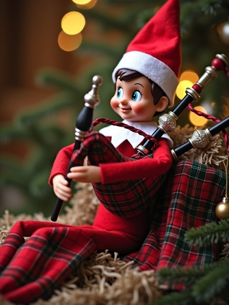 An elf on a shelf dressed in red and white plays bagpipes. The elf sits on a bed of straw surrounded by a festive atmosphere. The background features a Christmas tree with warm lights.