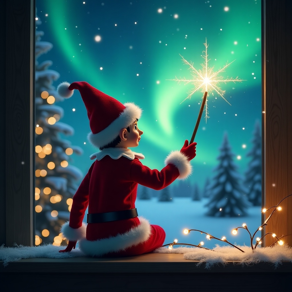 An elf holding a wand sits by a window, gazing at the sky. The elf is writing the name 'Alexis' in the sky. The background features a magical Christmas scene with northern lights and a Santa theme.