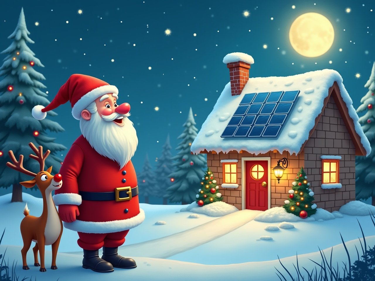 Cartoon of Santa Claus and Rudolph the red-nosed reindeer. They stand outside. They look at a house with solar panels. The house is decorated for Christmas. The scene is in a snowy landscape.