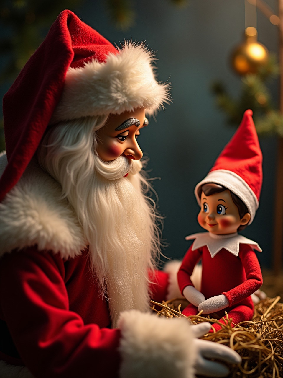 A Santa Claus figure sits in a nativity scene with an Elf on the Shelf toy. The two figures are surrounded by straw and holiday decorations. The setting is warm and inviting, evoking feelings of Christmas cheer.