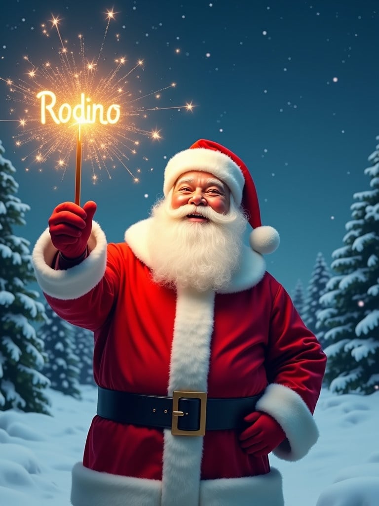 Jolly Santa Claus stands in snowy landscape. He holds a magical wand shining with sparkles that form the name Rodino. Santa wears a red suit with white fur trim and a hat. His eyes twinkle with joy. Background features snowy scene with evergreen trees and a starry night sky. Atmosphere is festive and magical.