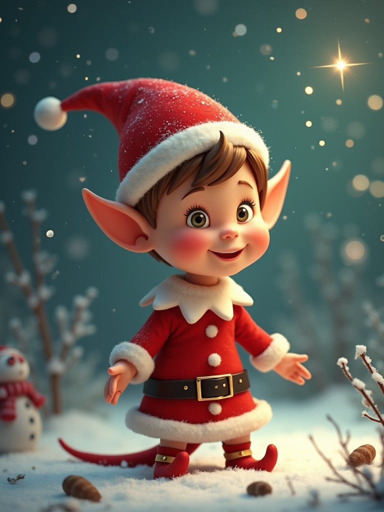 Image of a cheerful cartoon elf on a snowy Christmas morning. Elf wears a bright red outfit and a matching hat. Background features snowflakes and twinkling stars. Scene is festive and magical.