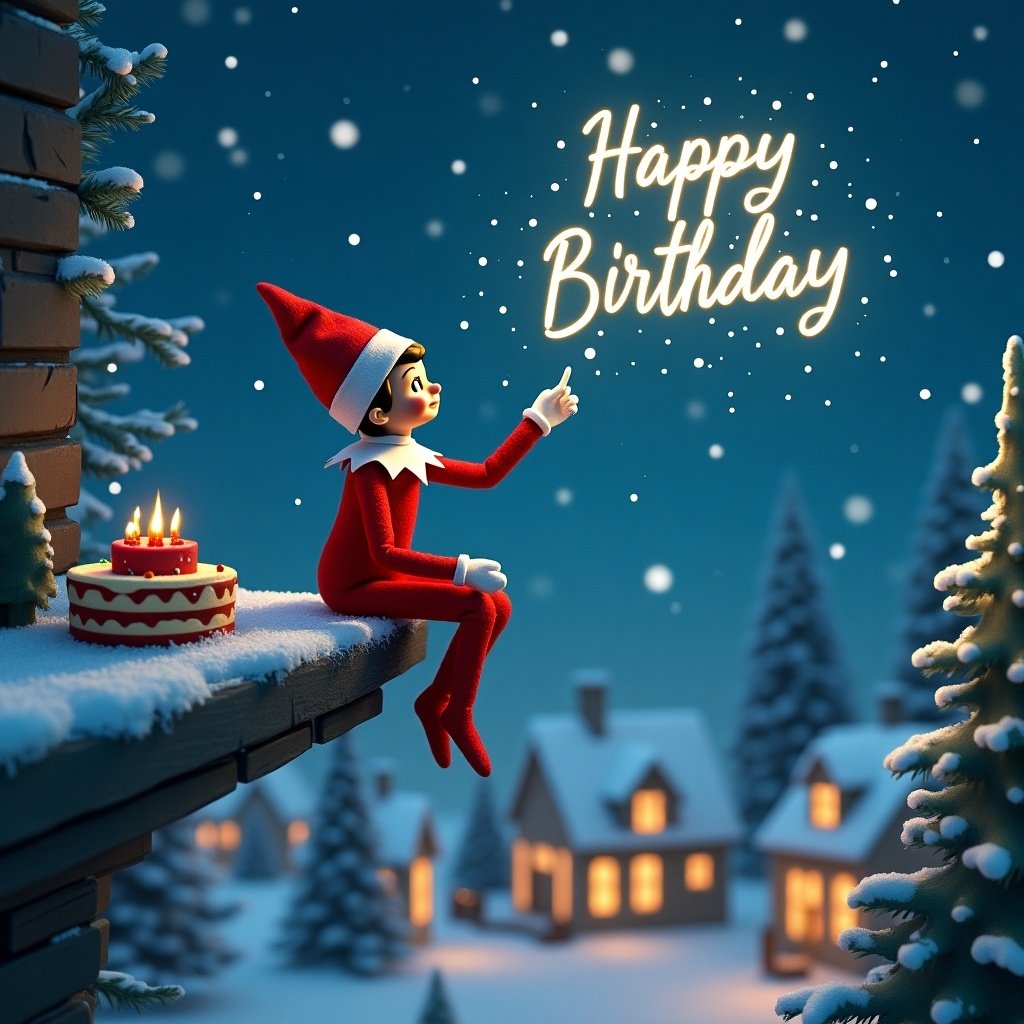 The image features an elf sitting on a snowy ledge, celebrating a birthday. The elf is wearing a classic red and white outfit, reminiscent of the Elf on the Shelf tradition. In the night sky, sparkling text reads 'Happy Birthday', adding a magical touch. Snow covers the surrounding rooftops and trees, enhancing the festive atmosphere. Warm lights from nearby houses create a cozy, inviting scene.