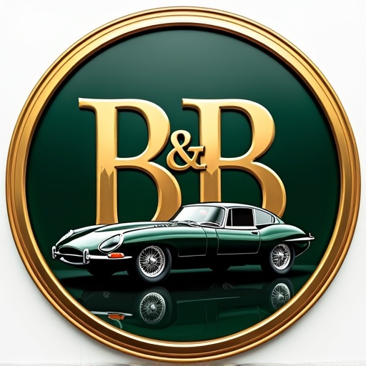 Create a modern logo for B&B Automobiles. Incorporate a luxurious aesthetic. Display a Jaguar E-Type prominently. Use two B letters mirrored. Emphasize chrome details. Use a dark green to gold gradient. Capture the car in a sporty pose.