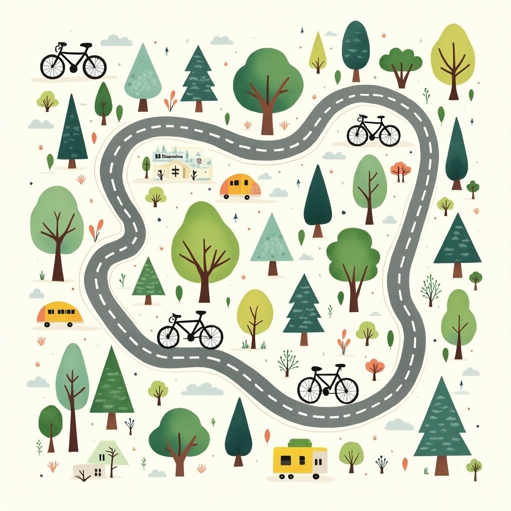 This image depicts a whimsical, watercolor-style illustrative map of a bike route. The map features a winding road surrounded by vibrant green trees and charming houses. Bicycles are scattered along the route to emphasize the cycling theme. The overall design is colorful and inviting, making it perfect for those interested in outdoor activities. Ideal for promoting local biking trails and recreational spots.