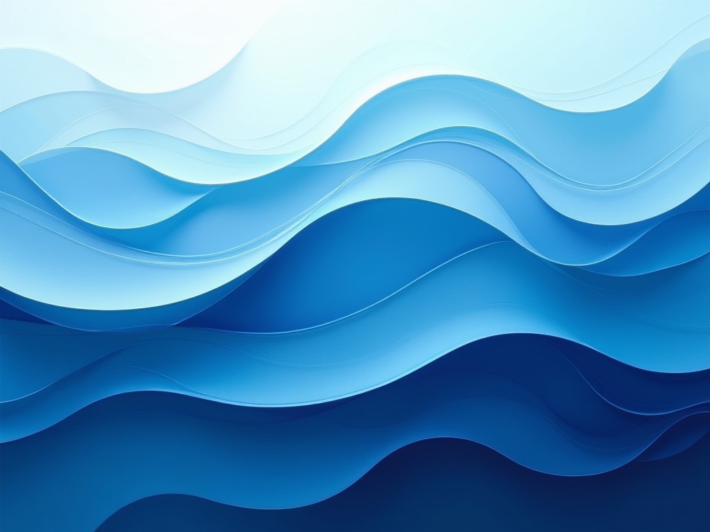 This image features an abstract representation of ocean waves with smooth, flowing lines that transition between various shades of blue. The design is layered, creating depth and a sense of movement across the image, evoking the gentle rise and fall of sea waves. The overall effect is calming and serene, reminiscent of the peacefulness often associated with the ocean.