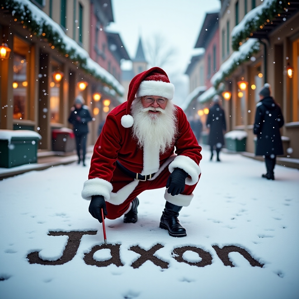 Santa Claus writes Jaxon in snow. He wears traditional red and white attire. Surrounding buildings add charm. Soft light creates a festive mood.