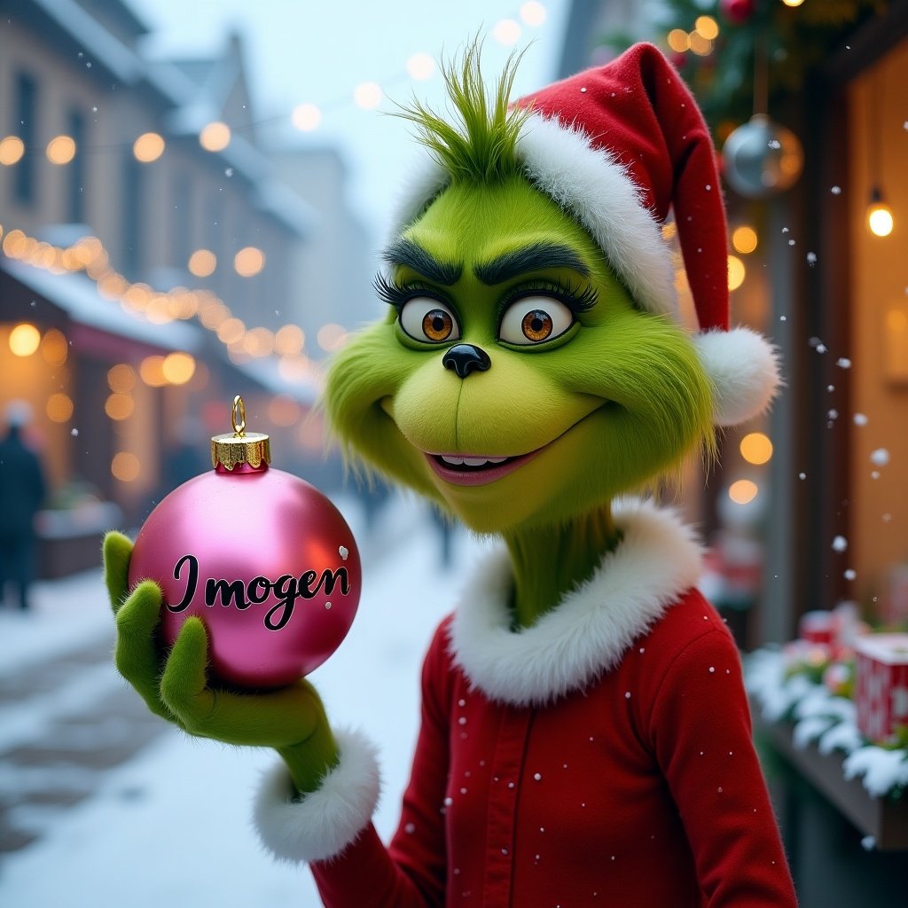 The Grinch holds a pink Christmas ornament. The name imogen is on the ornament. A snowy street with holiday decorations is in the background.