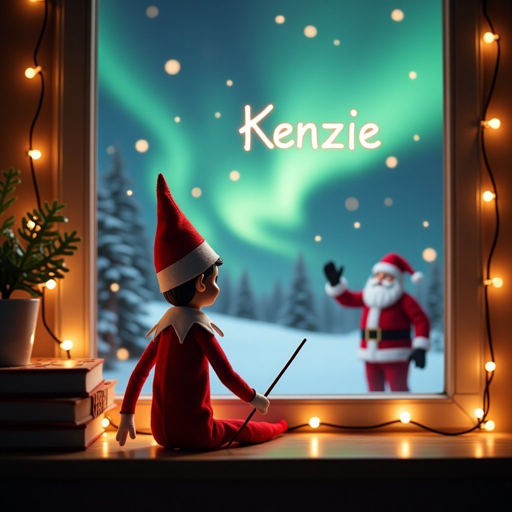 This enchanting Christmas scene depicts an elf on the shelf sitting with his back to the viewer, holding a wand and writing 'Kenzie' in the sky. Outside the window, a magical winter landscape unfolds, showcasing sparkling northern lights and Santa Claus waving in the background. Warm lighting from string lights enhances the festive atmosphere inside the cozy room. The elf is dressed in a traditional red suit with a matching hat, embodying the spirit of the holiday season. This image captures the wonder and magic associated with Christmas, making it perfect for celebrating the festivities.