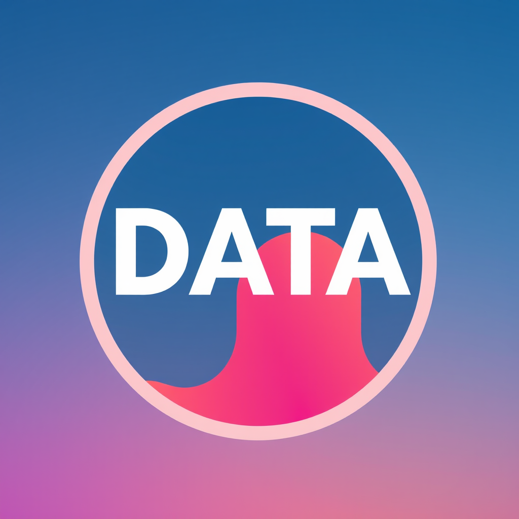 A circular graphic with a pink outline and a wavy pink shape inside, featuring the word 'DATA' in bold white letters, set against a blue to pink gradient background.