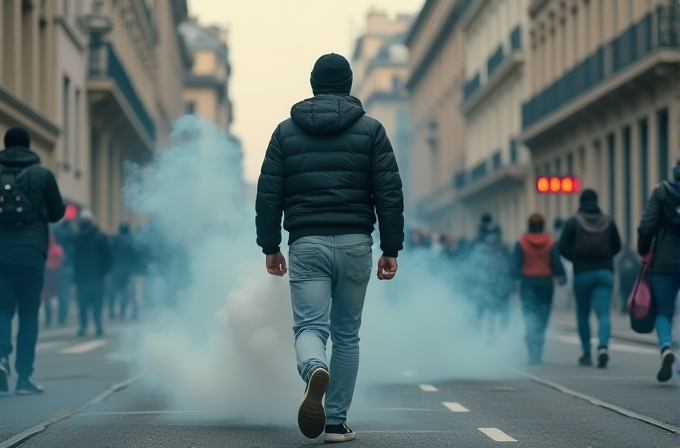 A person in a black jacket walks through a smoke-filled street during a protest or demonstration.