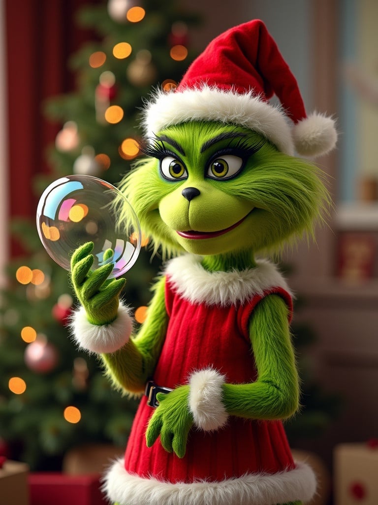 Grinch character holds a large bubble in a Christmas outfit. Background features festive decorations and a Christmas tree.