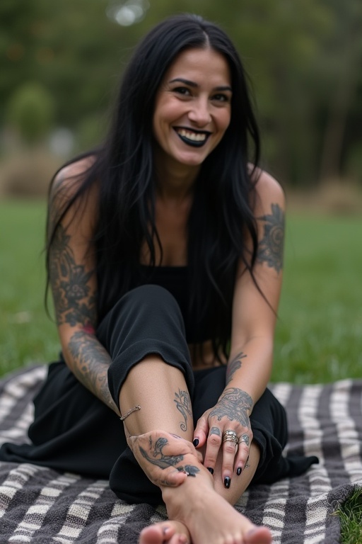 Mature goth woman with long black hair and black lips. She is sitting on a blanket outdoors. She is smiling and has tattooed soles of her feet visible.